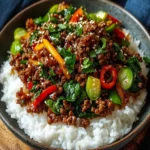 Spicy Ground Beef Stir-Fry Garlic Veggies Steamy Rice First Image First Image