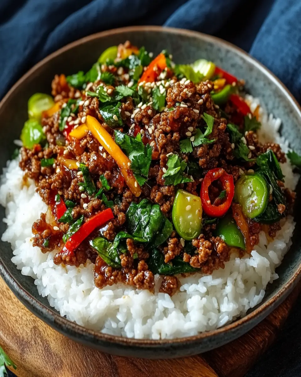 Spicy Ground Beef Stir-Fry Garlic Veggies Steamy Rice First Image First Image