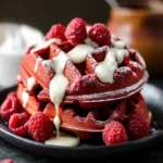 Red Velvet Waffles with Cream Cheese Icing Drizzle First Image First Image