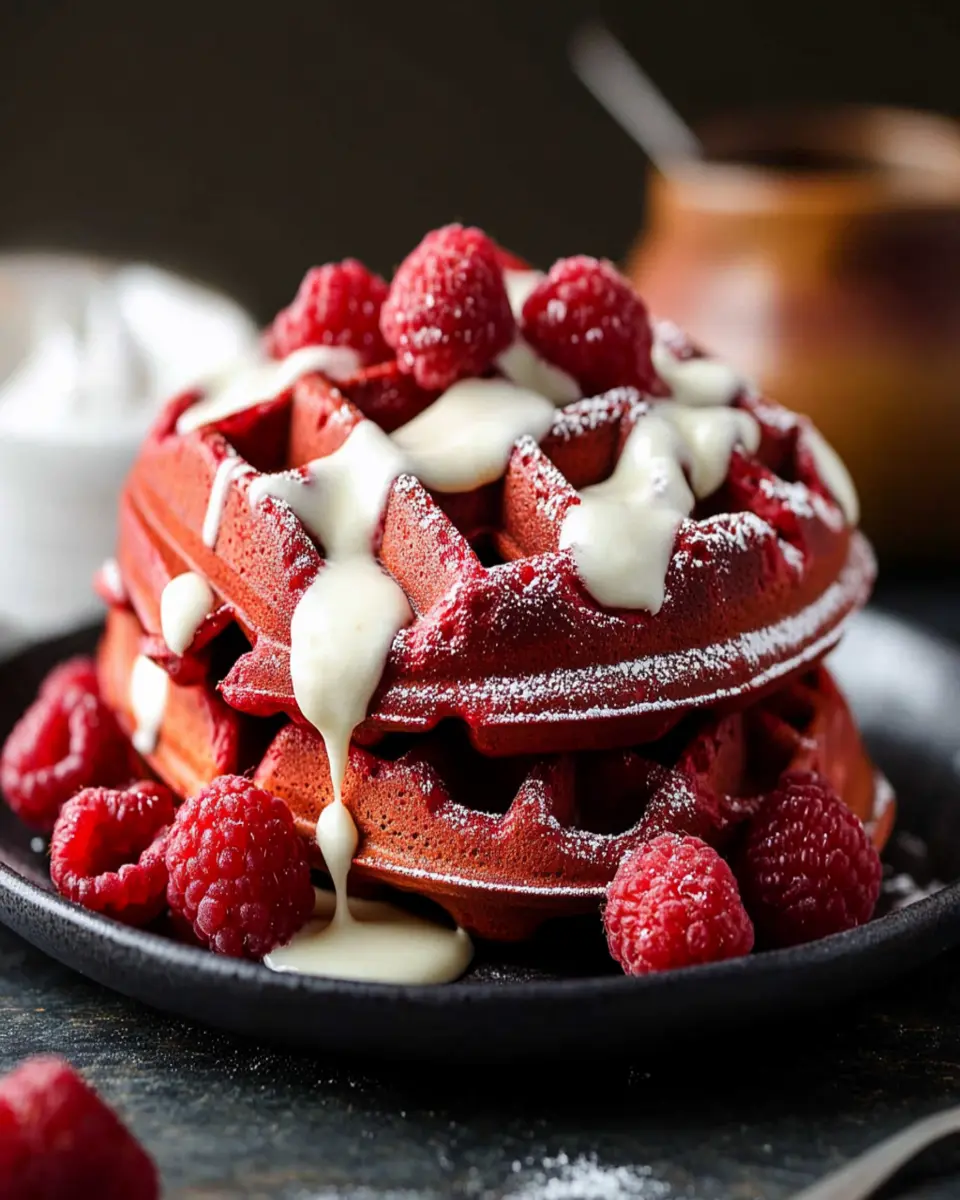Red Velvet Waffles with Cream Cheese Icing Drizzle First Image First Image