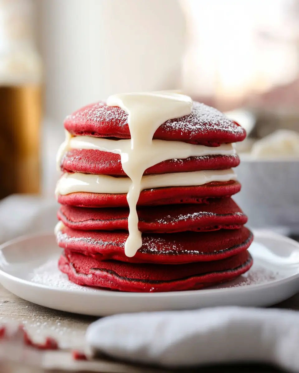 Red Velvet Pancakes with Cream Cheese Icing First Image First Image